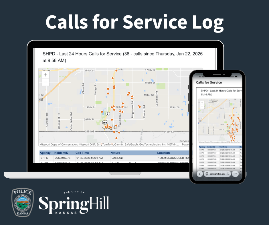 Graphic computer and cell phone showing a map with a list of calls for service.