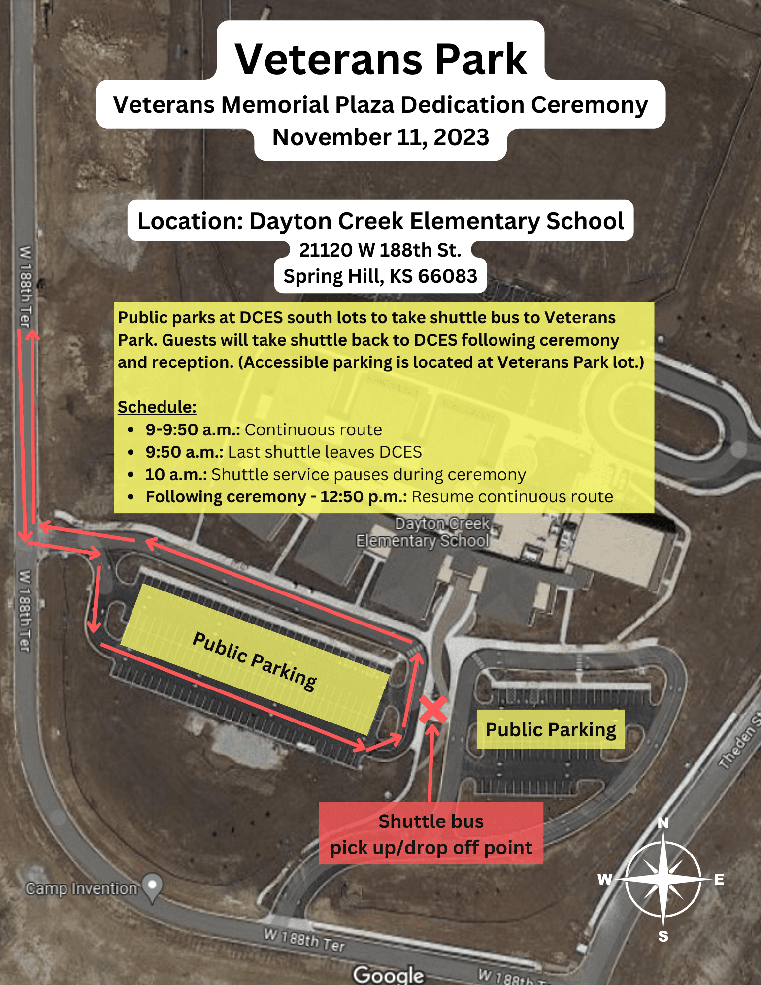 Public Parking at DCES Map for Veterans Memorial Plaza Dedication Ceremony