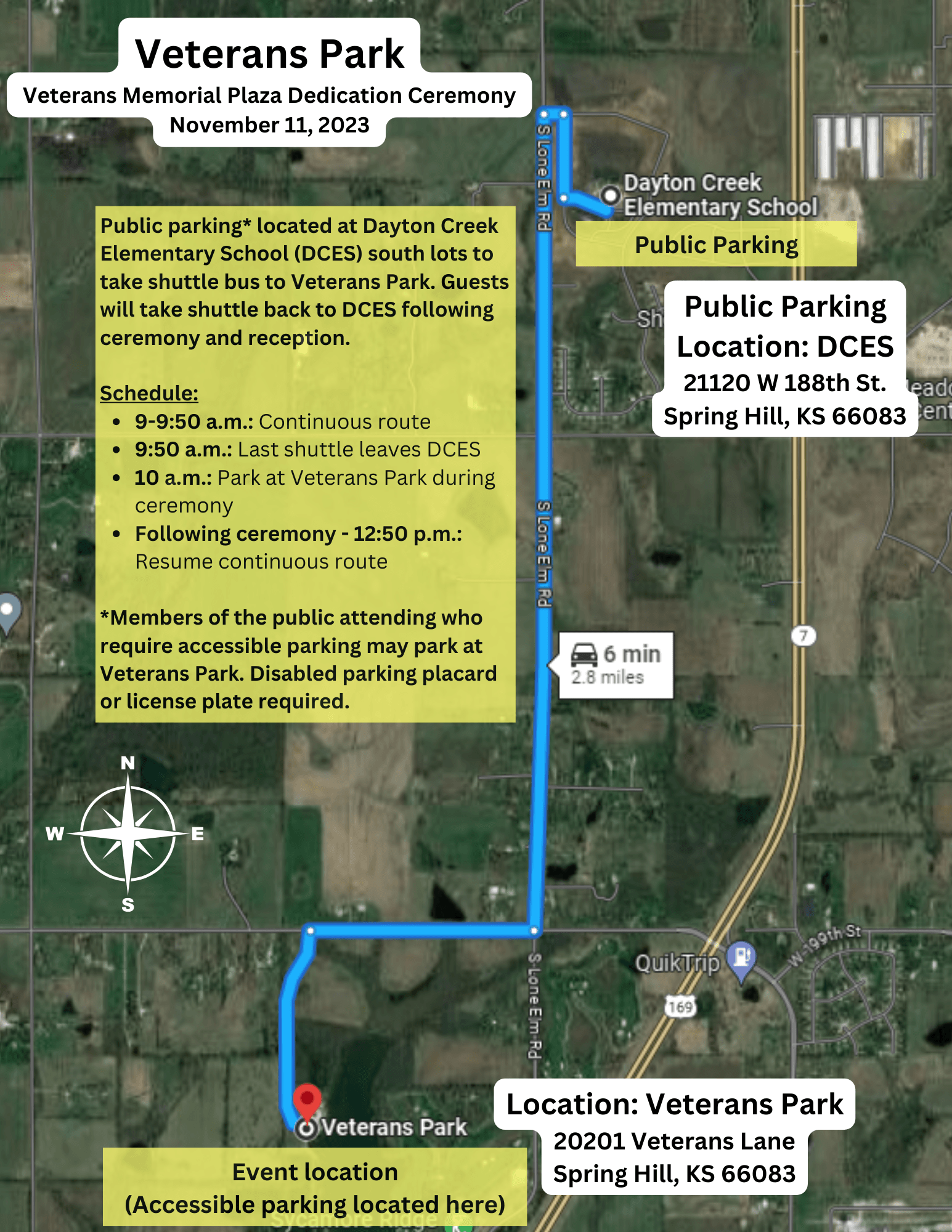 Shuttle Route Map for Veterans Memorial Plaza Dedication Ceremony