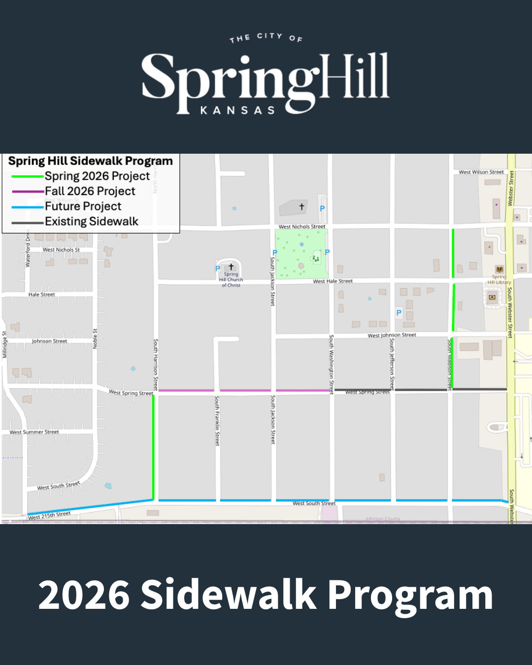 A map of Spring Hill just north of W. South St. Text: 2026 Sidewalk Program